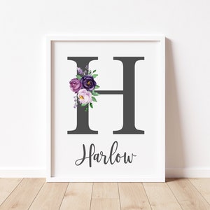 Personalized Baby Name Print, Monogram Letter, Purple Floral Prints, Baby Girl Nursery, Nursery Wall Decor, Baby Gift, Baby Shower Gift,