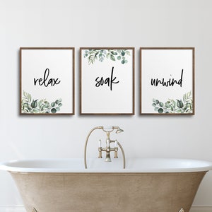 Impresiones de baño, Relax Soak Unwind, Eucalyptus, decoración de baño, conjunto de 3, decoración de la granja, arte de pared imprimible, arte del baño, decoración del hogar,