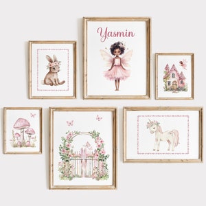 Personalized Fairy Garden Nursery Prints, African American Fairy, Girls Bedroom Decor, Wall Art, Floral Girls Room, Custom Nursery Art,