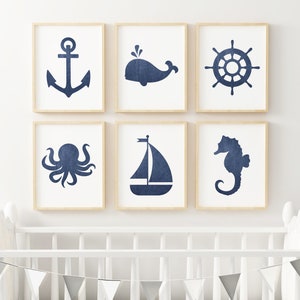 Baby Boy nautische Kinderzimmer Wand Kunstdrucke, junge Kindergarten Druck, Strand Haus Dekor, Marine blau nautische Kinderzimmer Wand-Dekor, Segelboot Wal,