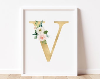 Floral Pink Gold Letter V Print, First Initial, Monogram, Nursery Wall Decor, Watercolor Flowers, Floral Nursery Wall Art, Digital Download,