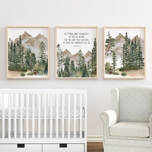 Set of 3 Nursery Bible Verse, Be Strong and Courageous, Joshua 1:9, Boy Woodland Nursery Prints, Kids Room Decor, Baby Boy Nursery Decor,