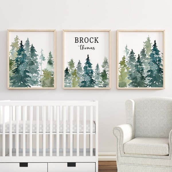 Custom Name Print, Personalized Nursery Print, Pine Trees, Nature, Woodland Nursery Decor, Boy Wall Art, Woodland Evergreen Nursery Prints,,