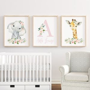 Personalized Baby Name Print, Safari Nursery Prints, Baby Girl Nursery, Pink Watercolor Floral, Animal Nursery Wall Decor, Custom Print,