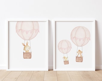 Blush Pink Hot Air Balloon Nursery Print, Bunny Print, Nursery Wall Art, Adventure, Baby Girl Nursery Decor, Baby Shower Gift, New Mom Gift,