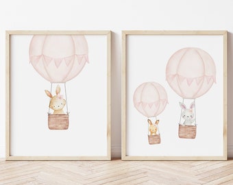 Blush Pink Hot Air Balloon Nursery Print, Bunny Print, Nursery Wall Art, Adventure, Baby Girl Nursery Decor, Baby Shower Gift, New Mom Gift,