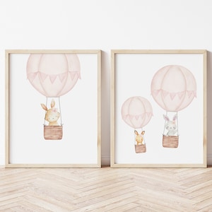 Blush Pink Hot Air Balloon Nursery Print, Bunny Print, Nursery Wall Art, Adventure, Baby Girl Nursery Decor, Baby Shower Gift, New Mom Gift,