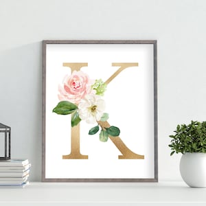 Rosa Floral oro letra impresión, letra K, primera inicial, impresión de monograma, decoración de la pared del vivero, flores de acuarela, arte de pared del vivero floral,