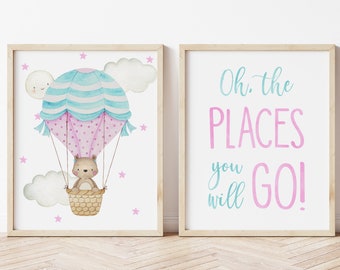 2 Pink Aqua Hot Air Balloon Nursery Wall Art, Oh the places you will go Nursery Print, Baby Girl Nursery Decor, Baby Shower Gift, Mom Gift,