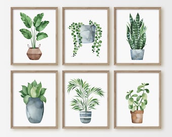 Botanical Print Set, House Plant Prints, Watercolor Prints, Living Room Wall Art, Plant Lover Gift, Potted Plants, Gardening, Home Decor,