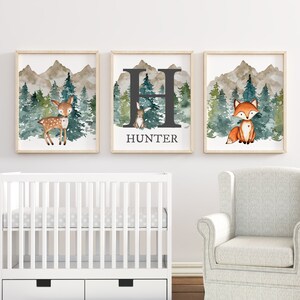 Impressão personalizada do nome do bebê, letra do monograma, impressão de animais da floresta, presente personalizado, arte de parede do berçário da floresta para meninos, animais da floresta, presente do bebê,