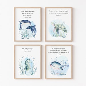 Set of 4 Kid's Bible Verse Prints, Under The Sea Prints, Christian Wall Decor, Baby Nursery Wall Art, Nursery Nautical Print, Sealife Decor,