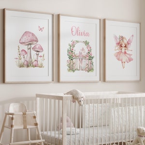 Personalized Fairy Garden Nursery Prints, Fairy Decor, Girls Bedroom Decor, Girls Wall Art, Floral Girls Room, Custom Nursery Art, Mushrooms