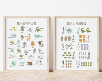 Alphabet und Zahlen für Kinder pädagogische Drucke, Spielzimmer Dekor, Tier Alphabet Wandkunst, Tierzahlen, Zählen Poster, Kinderzimmer Dekor