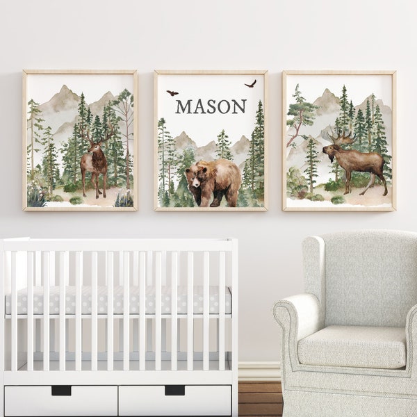 Custom Name Print, Personalized Nursery Print, Wilderness, Mountains, Woodland Nursery Decor, Boy Wall Art, Woodland Nursery Prints, Bear,