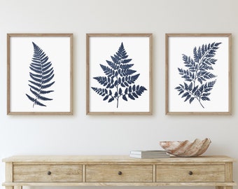 Conjunto de 3 impresiones de hojas de helecho, impresiones de hoja azul marino, impresiones de pared botánica, arte de pared de la marina, arte de pared de impresión de hoja, impresiones de arte azul, regalo de la decoración del hogar,