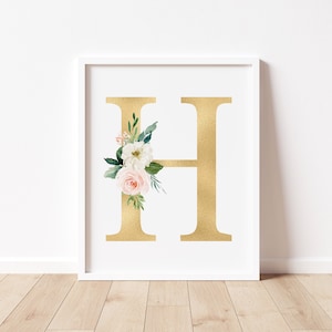 Floral Pink Gold Letter H Print, First Initial, Monogram, Nursery Wall Decor, Watercolor Flowers, Floral Nursery Wall Art, Descarga digital,