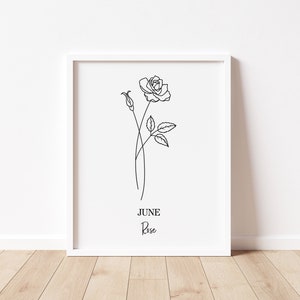 Black and White Birth Flower Prints, Line Art Drawing, June Rose, Living Room Decor, Minimal Decor, Home Decor, Modern Art, Modern Prints,