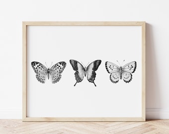 Vlinders Print, Monochrome Art Prints, Minimalistische home, Zwart-wit Kunst aan de muur, Monochroom Decor, Vlinders Afdrukbaar, Modern Decor,