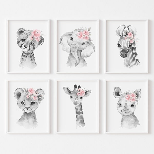 6 Black and White Safari Animal Nursery Prints, Pink Floral, Grey Pink Nursery, Nursery Wall Decor, Jungle Animals, Baby Shower Gift, Pastel