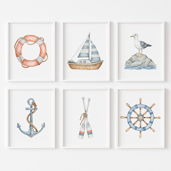 Lot de 6 oeuvres d'art murales nautiques pour chambre d'enfant, imprimables, voilier, décoration de maison de plage, décoration murale nautique pour chambre d'enfant