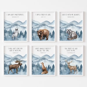 Set of 6 Kid&#39;s Bible Verse Prints, Woodland Animal Prints, Christian Wall Decor, Baby Nursery Wall Art, Forest Animals, Blue Mountains,