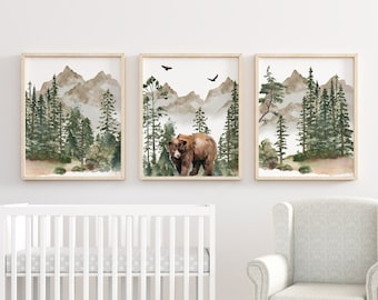 Set of 3 Woodland Animal Prints, Boy Woodland Nursery Prints, Bear Printable Art, Mountain Prints, Kids Room Decor, Baby Boy Nursery Decor,