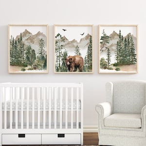 Set of 3 Woodland Animal Prints, Boy Woodland Nursery Prints, Bear Printable Art, Mountain Prints, Kids Room Decor, Baby Boy Nursery Decor,