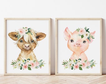 Baby Girl Nursery Prints, Farm Nursery, Blush Floral, Farm Animal Girl Nursery Wall Art, Nursery Decor, Watercolor Art, Baby Shower Gift,