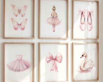 Ballerina Nursery Wall art, Girl Nursery Print, Pink Ballet Nursery Prints, Baby Girl Gift, Nursery Wall Decor, Butterflies Swan Tutu Bow,