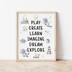 May include: A white poster with a light wood frame features a space-themed design with illustrations of planets, stars, rockets, and astronauts. The poster includes the text "PLAY CREATE LEARN IMAGINE DREAM EXPLORE".