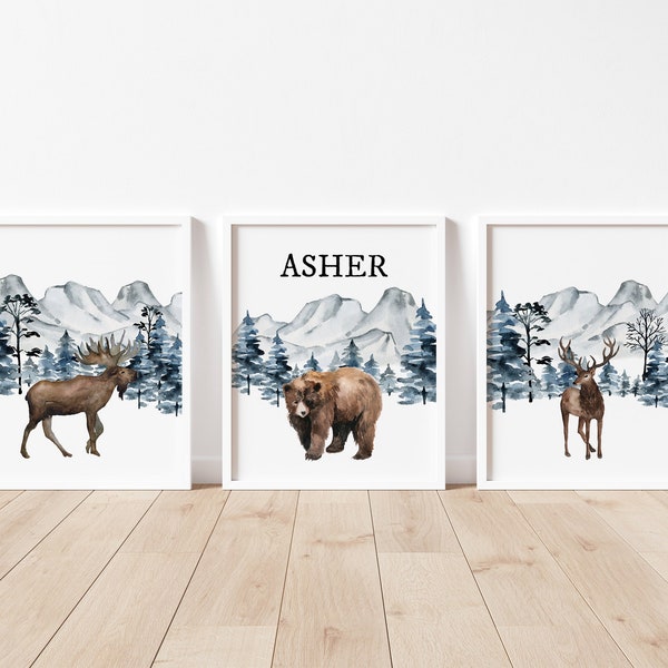 Custom Name Print, Personalized Nursery Print, Wilderness, Mountains, Blue Grey Nursery Decor, Baby Boy Wall Art, Woodland Nursery Prints,