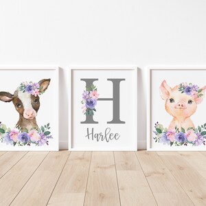 Personalized Baby Name Print, Monogram Letter, Farm Animals, Floral Nursery Prints, Baby Girl, Pink Lavender Watercolor Floral, Wall Decor,