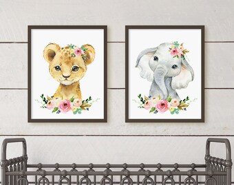 Aquarell Safari Tier Kindergarten Kunst, Baby Mädchen Kinderzimmer Aquarell Floral Safari Tier Printables, Kinderzimmer Wand-Dekor, Mädchen Zimmer Wandkunst