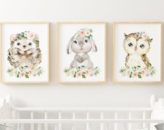 Floral Woodland Animal Prints, Baby Girl Nursery Wall Art, Girls Room Decor, Nursery Animal Print, Kids Room Decor, Watercolor Animals,