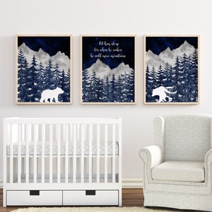 Set of 3 Navy Blue Woodland Nursery Prints, Mountains, Evergreen Trees, Boy Wall Art, Navy Grey Nursery Decor, Boy Woodland Nursery Wall Art