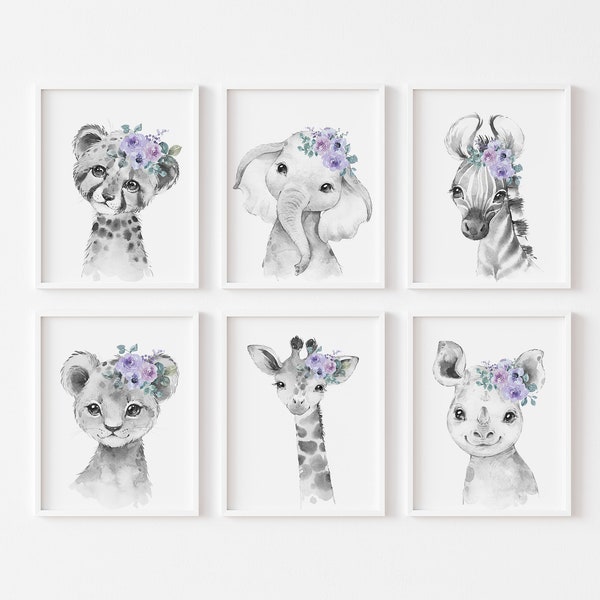 6 Black and White Safari Animal Nursery Prints, Lavender Floral, Grey Purple Nursery, Nursery Wall Decor, Jungle Animals, Baby Shower Gift,