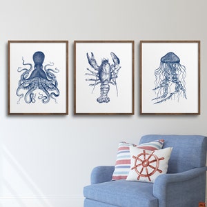 Vintage Nautical Prints, Ocean Life Wall Art, Beach House Wall Decor, Coastal Decor, Cottage Wall Decor, Home Decor Gift, Octopus Print,