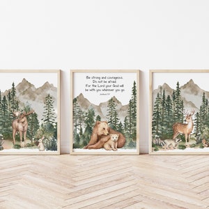 Set of 3 Nursery Bible Verse, Be Strong and Courageous, Joshua 1:9, Boy Woodland Nursery Prints, Kids Room Decor, Baby Boy Nursery Decor,