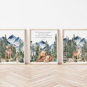 Set of 3 Nursery Bible Verse, Be Strong and Courageous, Joshua 1:9, Boy Woodland Nursery Prints, Kids Room Decor, Baby Boy Nursery Decor,