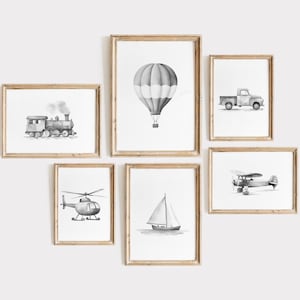 Travel Boy Nursery Wall Art, Vintage Black White Transportation Nursery Decor, Grey Hot Air Balloon Plane Train Prints, Digital Download,