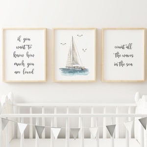 Cuente todas las olas en el mar, velero, decoración de guardería náutica, descarga digital, arte de pared de guardería, decoración de dormitorio para niños, océano,