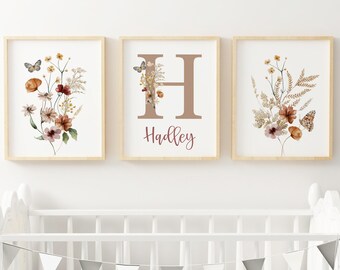 Impresión Personalizada Del Nombre Del Bebé, Carta De Monograma, Impresiones Florales De Guardería, Guardería De Niña, Impresiones De Arte Floral De Acuarela De Flores Silvestres, Regalo De Bebé