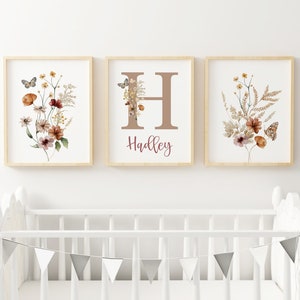 Personalized Baby Name Print, Monogram Letter, Floral Nursery Prints, Baby Girl Nursery, Wildflowers Watercolor Floral Art Prints, Baby Gift