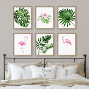 Tropical Flamingo Print, Tropical Nursery Wall Art, Tropical Leafs Nursery Wall Decor, Baby Shower Gift, New Mom Gift
