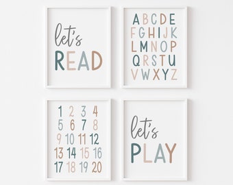 Let's Play Let's Read Prints, Alphabet Print, Numbers, Boy Toddler Playroom Wall Art, Playroom Poster, Kids Room Decor, Homeschool, Neutral,