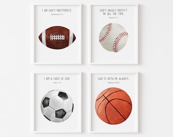 May include: Four printable wall art prints featuring watercolour illustrations of sports balls, including a football, baseball, soccer ball, and basketball. Each print includes a bible verse.