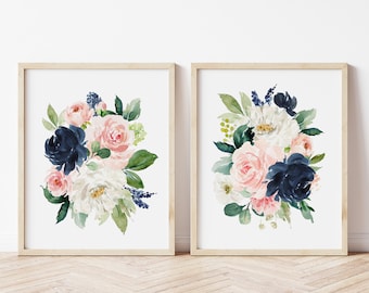 Pink Navy Watercolor Floral Nursery Art, Pink Flowers, Nursery Wall Decor, Baby Girl Nursery Art Prints, Pink Floral Prints, Floral Bouquets