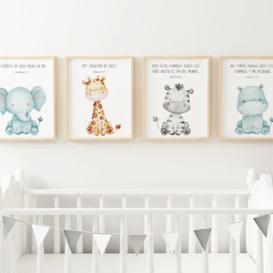 Set of 4 Spanish Kid&#39;s Bible Verse Prints, Safari Animal Prints, Christian Wall Decor, Baby Nursery Wall Art, Nursery Animal Print, Elephant