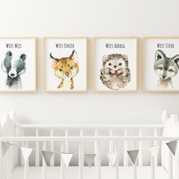 4 Bosdieren Printen, Dieren Posters, Kinderkamer Decor, Baby Cadeau, Kunst aan de muur, Kraam Cadeau, Babykamer, Das, Bobcat, Egel, Wolf